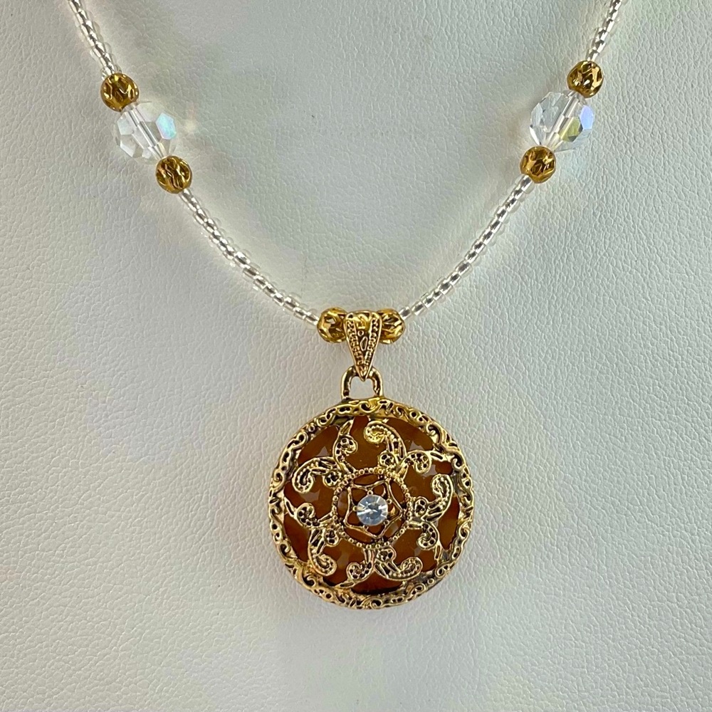 Host Pick! Antique Gold Filigree Pendant Necklace With Aurora Borealis Crystals - Picture 3 of 13